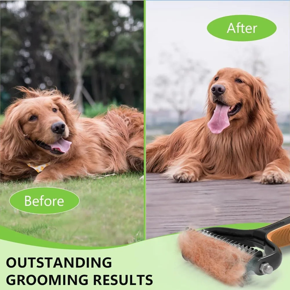 2-in-1 Deshedding Dog Brush for Shedding - Undercoat Rake and Furminator for Long-Haired Dogs and Cats, Knot Removal, Orange