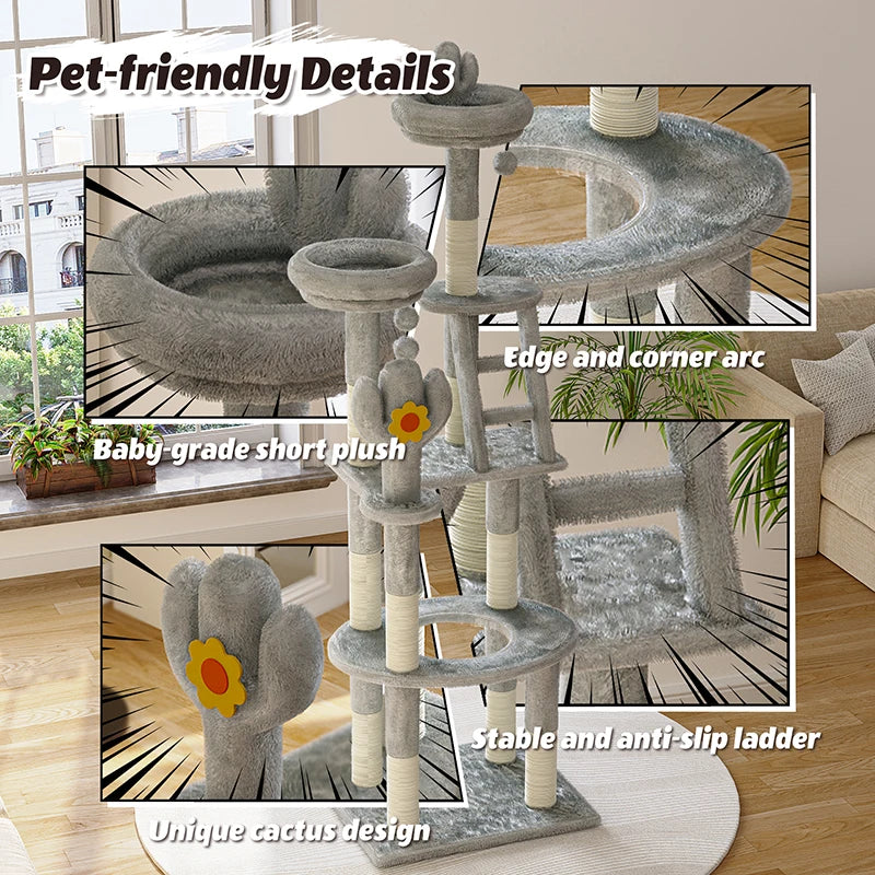 Cactus Cat Tree 72.05in Tall with Clear Capsule, Sisal Scratching Posts, Plush Beds, Ladder & Hanging Toys for Indoor Cats, Gray