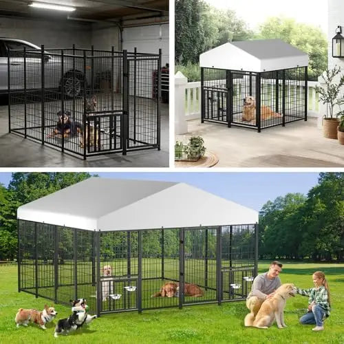 Outdoor Dog Kennel with Roof, Heavy Duty Steel Dog Run Enclosure for Medium Dogs, Waterproof Canopy