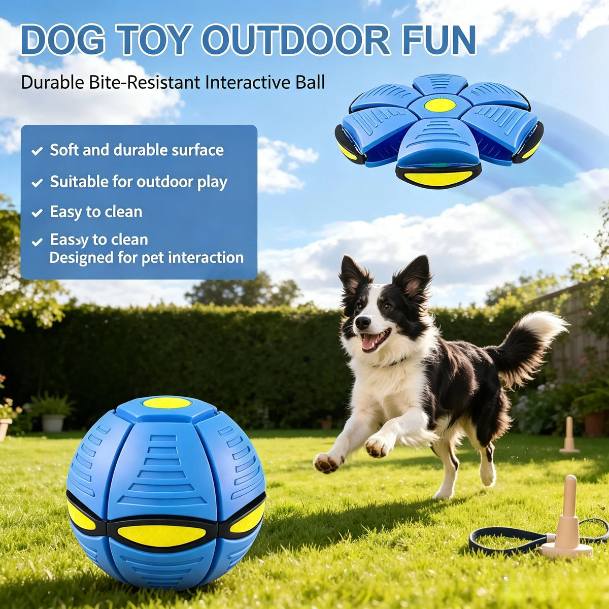 Six-light dual-mode magical transforming pet bouncy ball, UFO-shaped ball, durable dog interactive training and play toy, blue and red.