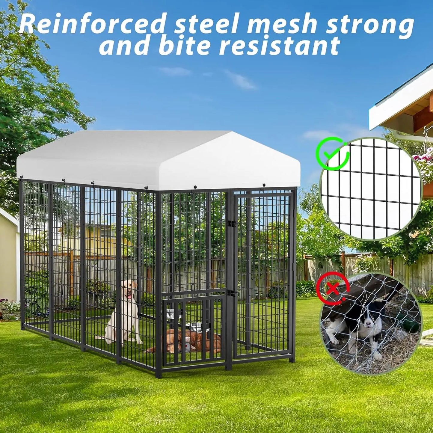 Outdoor Dog Kennel with Roof, Heavy Duty Steel Dog Run Enclosure for Medium Dogs, Waterproof Canopy