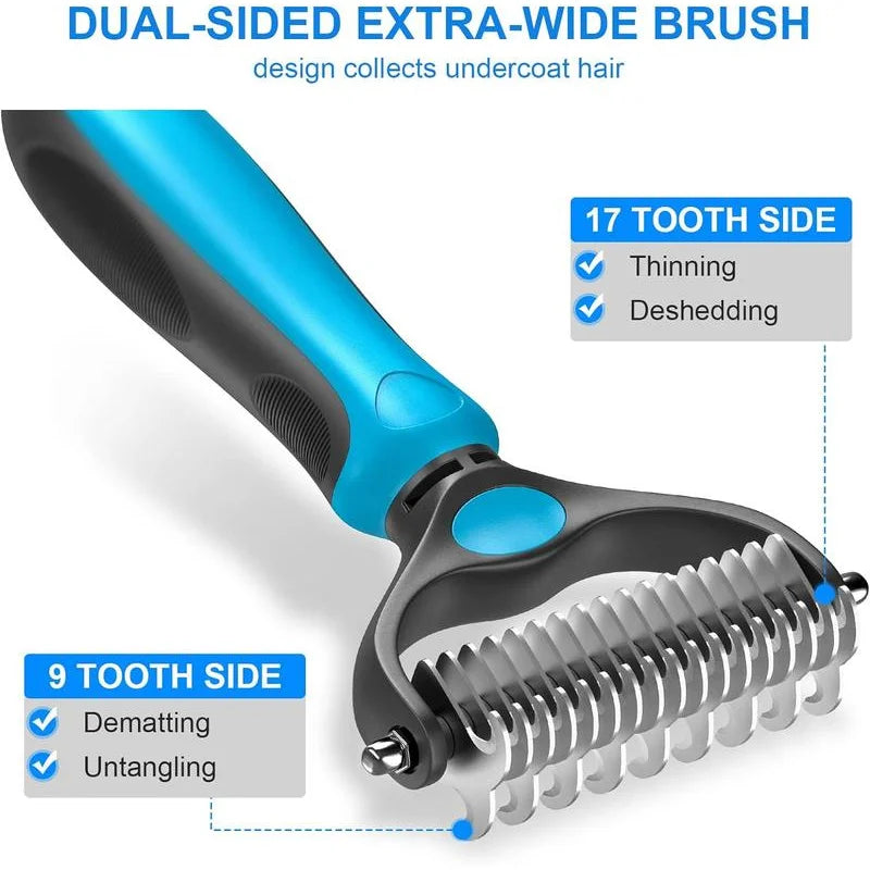 2‑in‑1 Pet Dematting Comb Double‑Sided Stainless Steel Deshedding Brush Non‑Slip Handle Hanging Hole for Dogs Cats Remove Mats Tangles Pet Grooming Shedding Tool