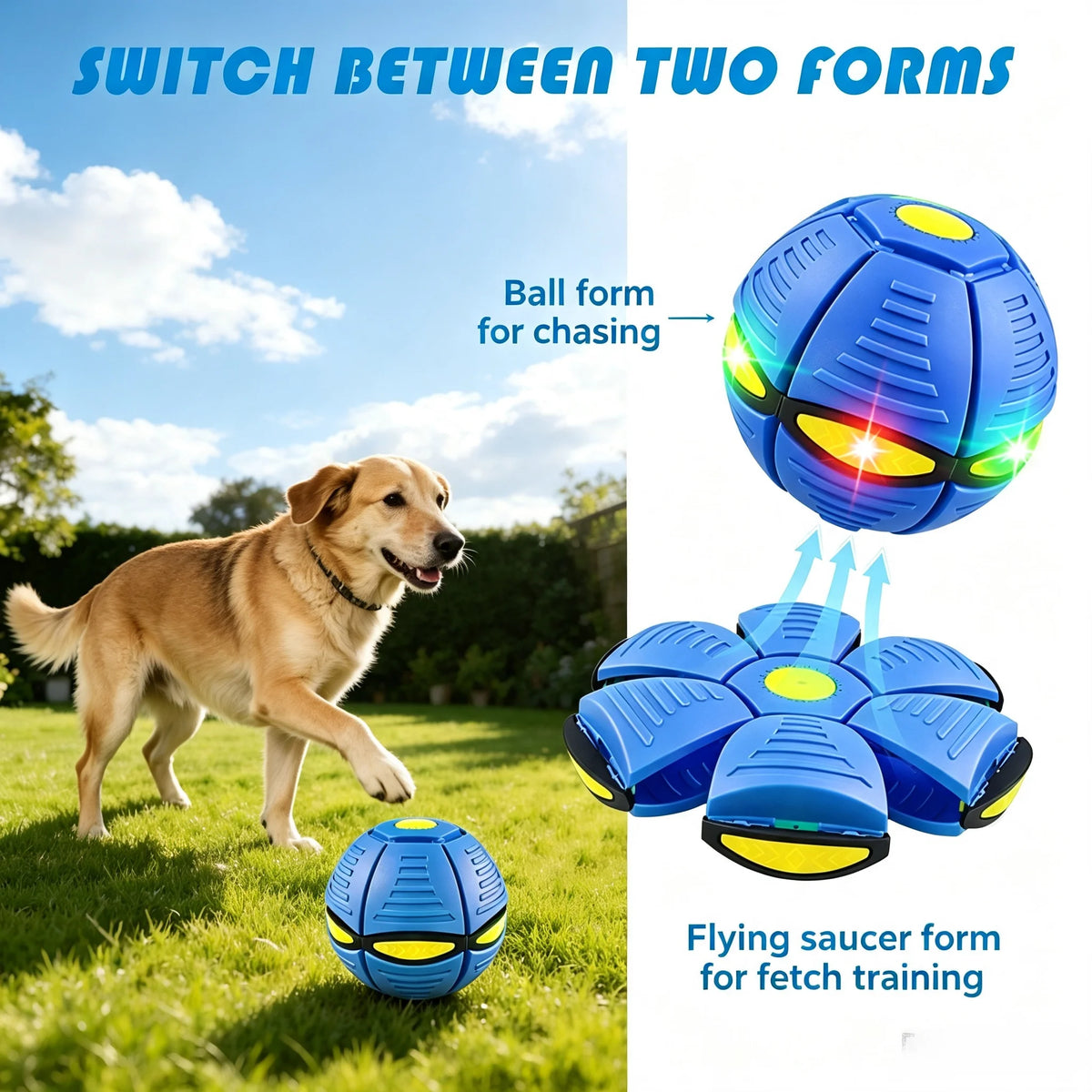 Six-light dual-mode magical transforming pet bouncy ball, UFO-shaped ball, durable dog interactive training and play toy, blue and red.