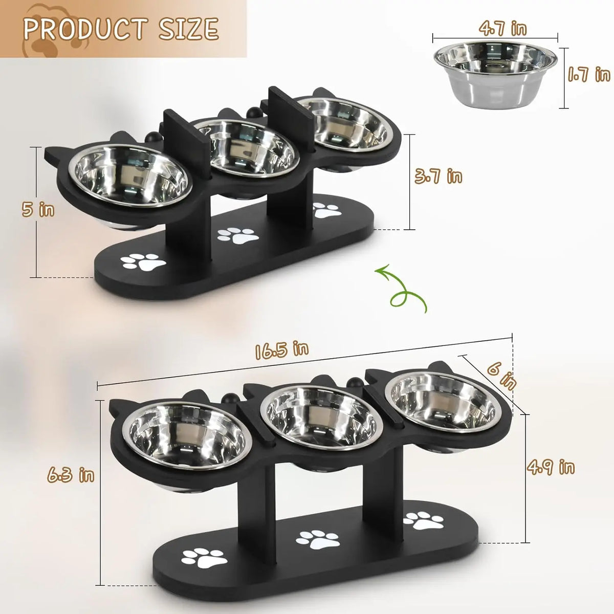 Cat Bowls Elevated, Raised Cat Food Bowls For Indoor Cats, Adjustable Heights Cat Food And Water Bowl With Black Shelf, 3 Stainless Steel Elevated Cat Bowls With 15°Tilted, Cat Dishes For Food And Water