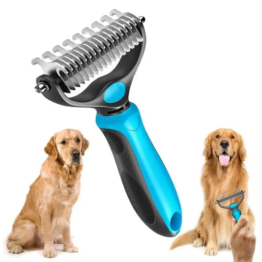2‑in‑1 Pet Dematting Comb Double‑Sided Stainless Steel Deshedding Brush Non‑Slip Handle Hanging Hole for Dogs Cats Remove Mats Tangles Pet Grooming Shedding Tool
