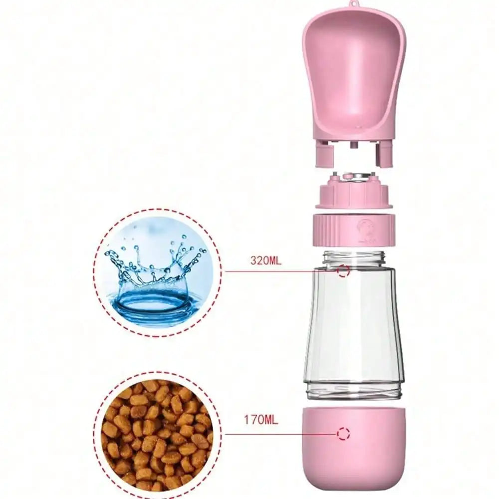 2 in 1 Dog Water Bottle Portable Pet Travel Water Food Container, 320ml Water 170ml Food / 330ml Single Water Puppy Outdoor Feeder Cup for Walking Hiking Travel