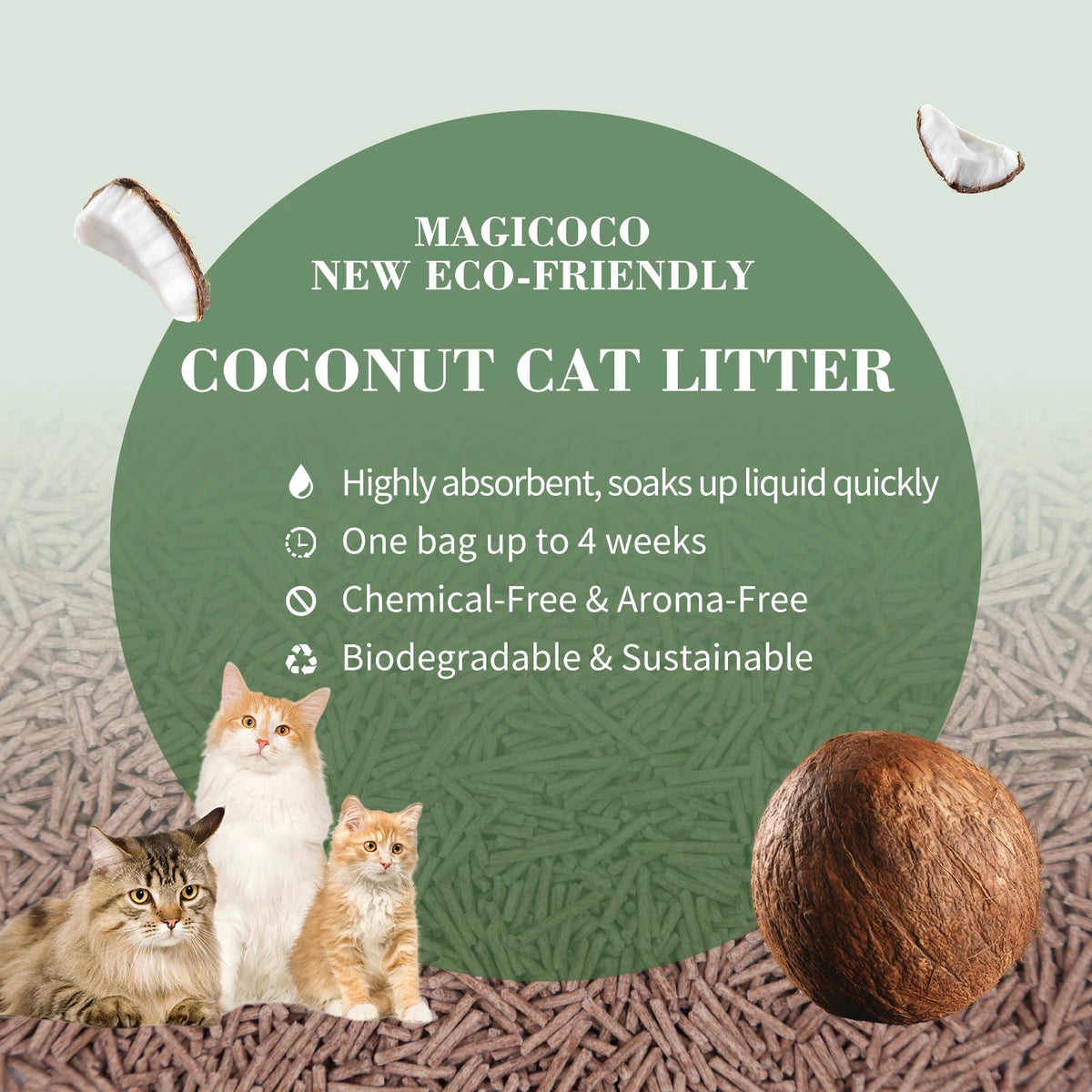 Coconut Cat Litter 10LBS 99% Deodorized Odor Control Low Tracking & Flushable Strong Clumbing Cat Litter Cat Sand