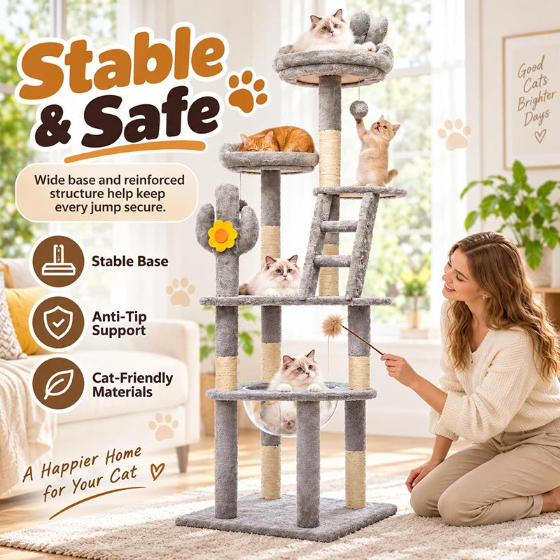 Cactus Cat Tree 72.05in Tall with Clear Capsule, Sisal Scratching Posts, Plush Beds, Ladder & Hanging Toys for Indoor Cats, Gray