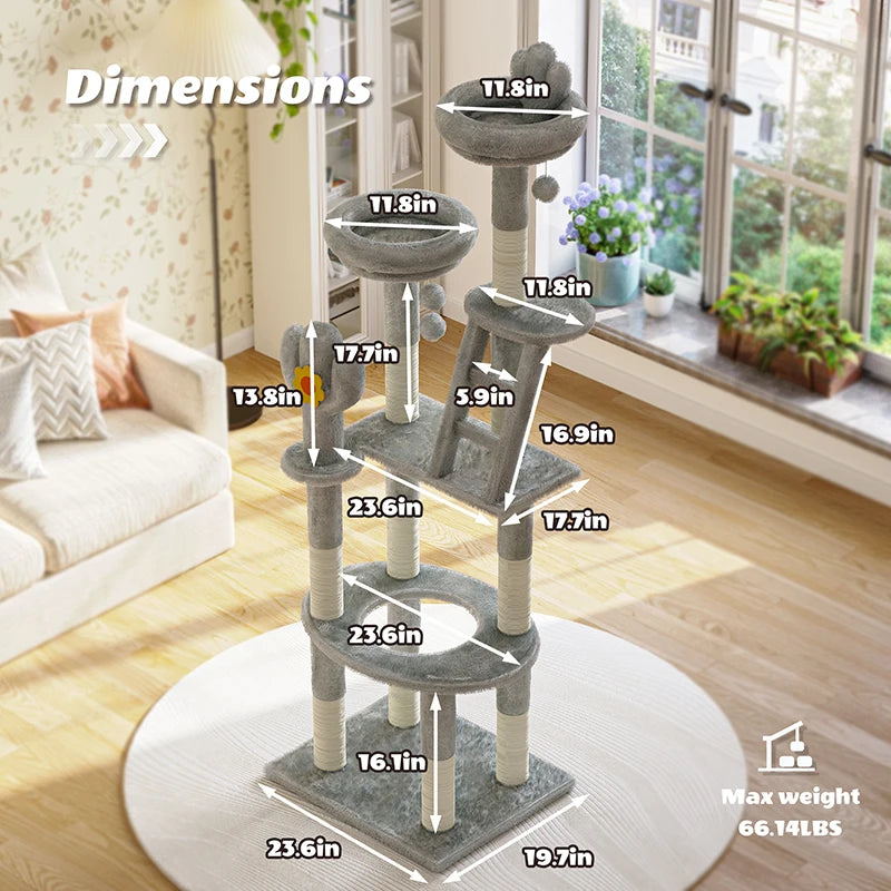 Cactus Cat Tree 72.05in Tall with Clear Capsule, Sisal Scratching Posts, Plush Beds, Ladder & Hanging Toys for Indoor Cats, Gray