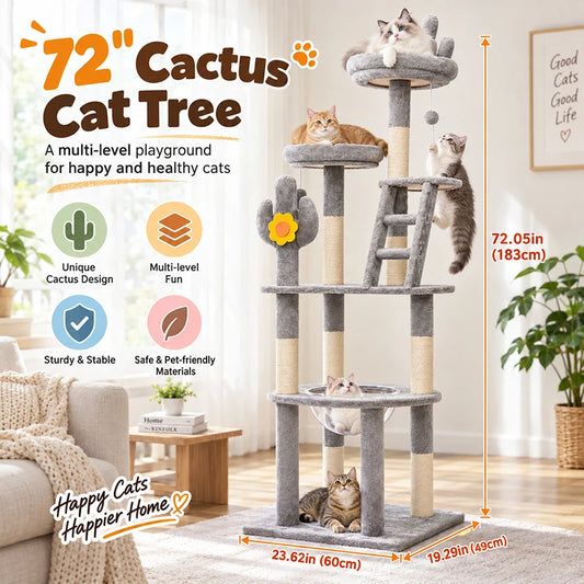Cactus Cat Tree 72.05in Tall with Clear Capsule, Sisal Scratching Posts, Plush Beds, Ladder & Hanging Toys for Indoor Cats, Gray
