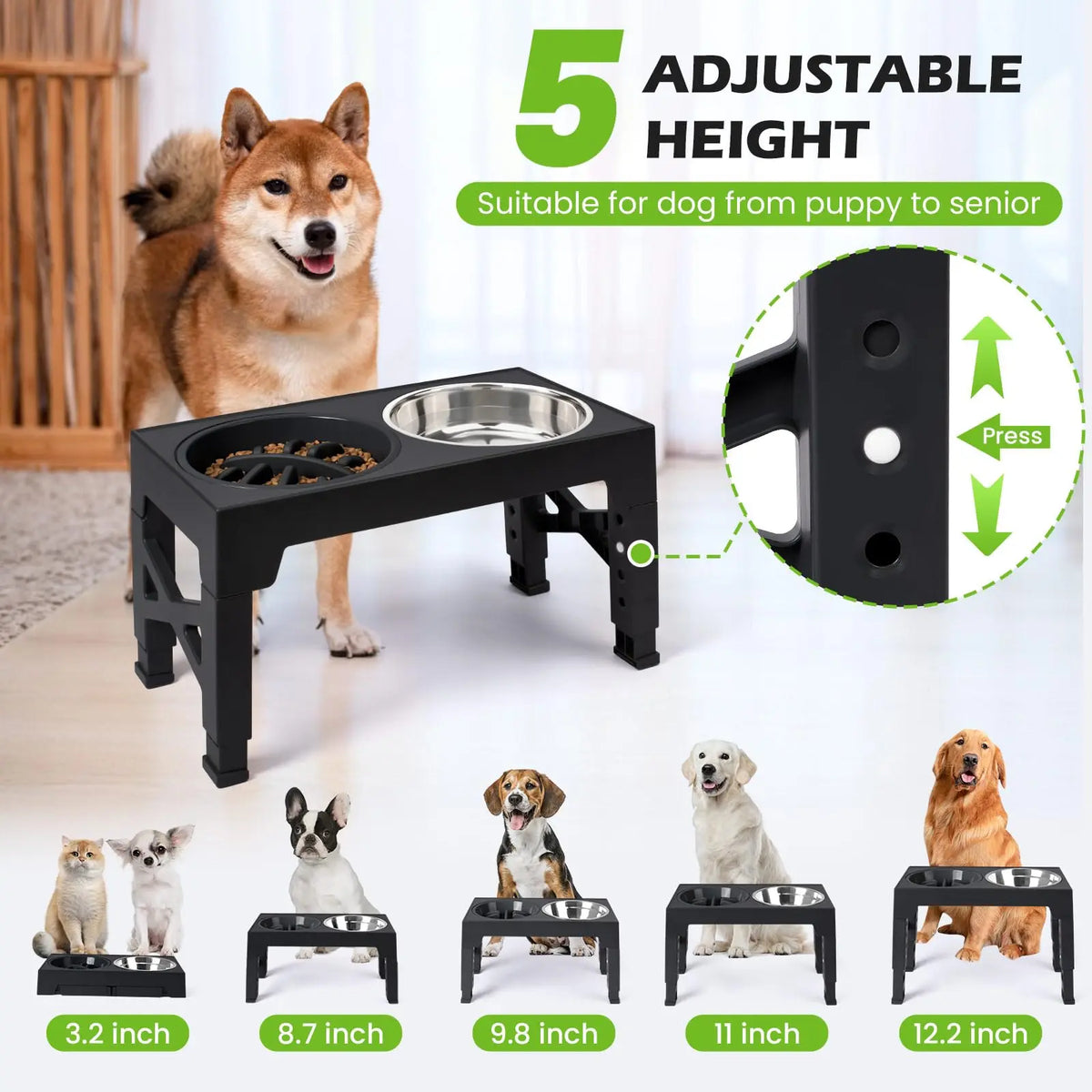 Adjustable Elevated Dog Feeder, Raised Dog Bowl Stand with Double Stainless Steel Food Water Bowls, Ergonomic Pet Feeding Station for Small Medium Large Dogs