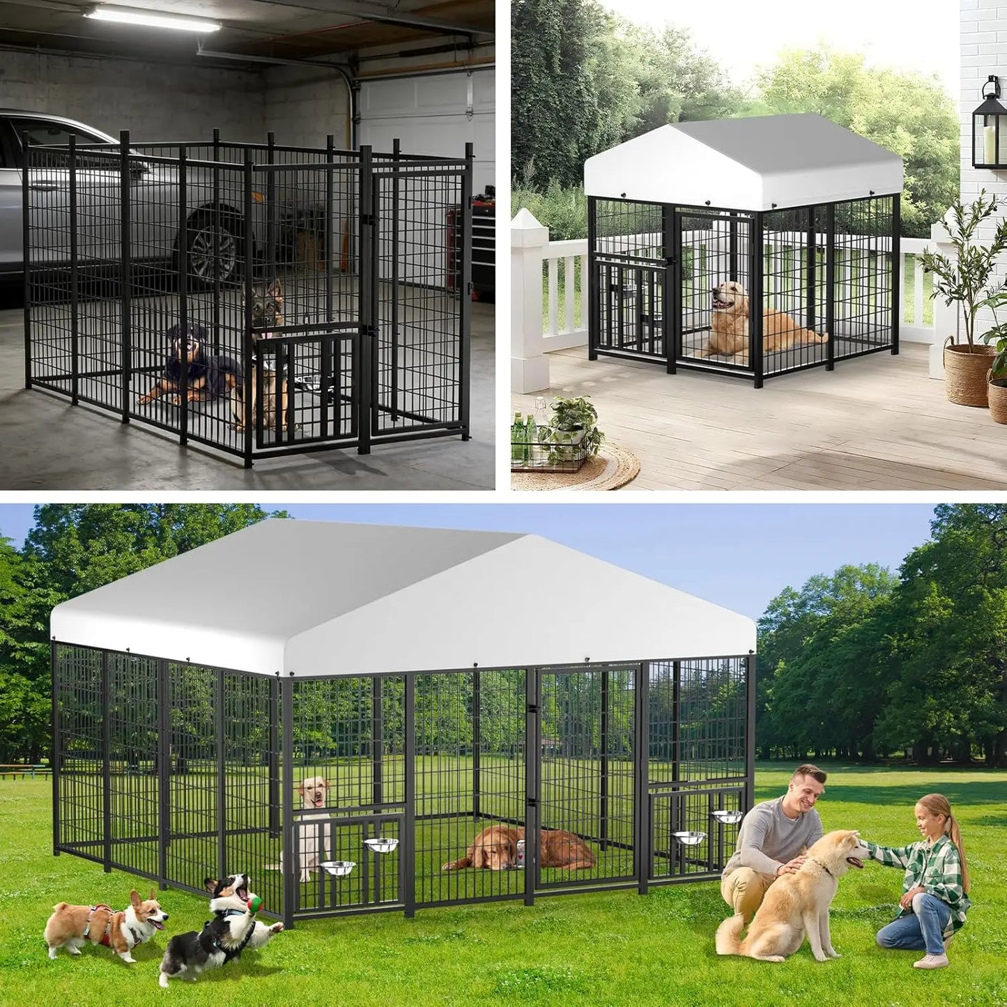 Outdoor Dog Kennel with Roof, Heavy Duty Steel Dog Run Enclosure for Medium Dogs, Waterproof Canopy