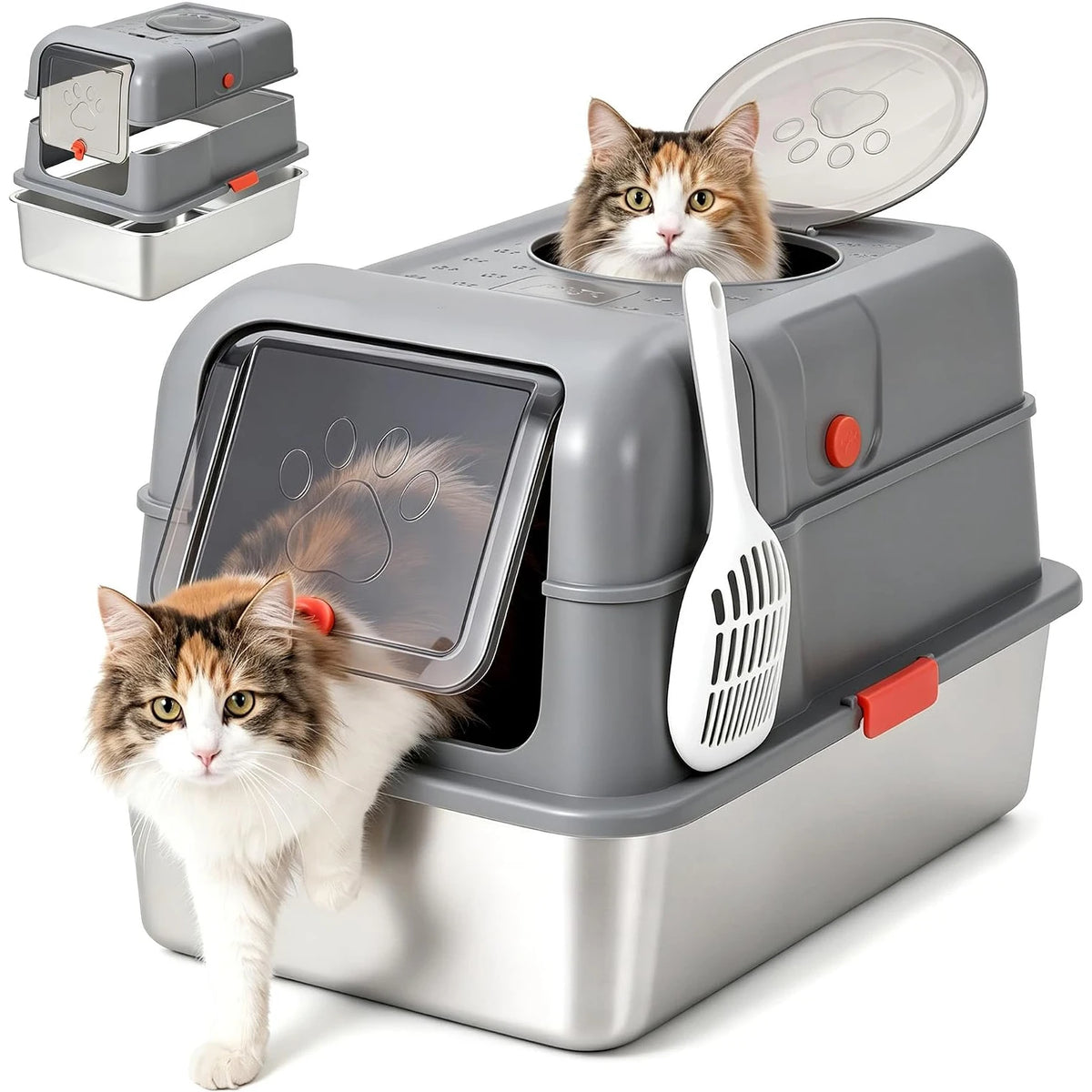 Non-Stick Stainless Steel Litter Box | No-Mess Odor Control Anti-Leak Cat Litter Box, 3-in-1 Fully Enclosed High-Sided Litterbox with Flip Top