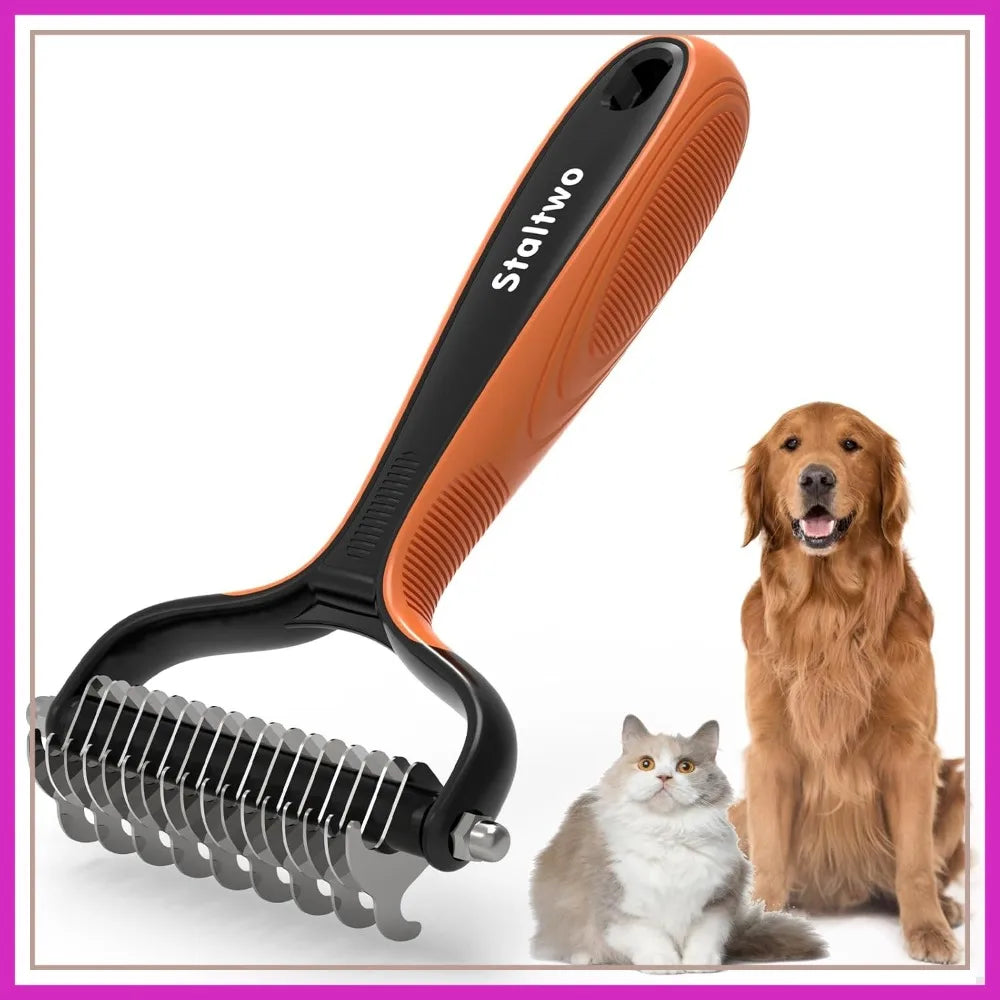 2-in-1 Deshedding Dog Brush for Shedding - Undercoat Rake and Furminator for Long-Haired Dogs and Cats, Knot Removal, Orange