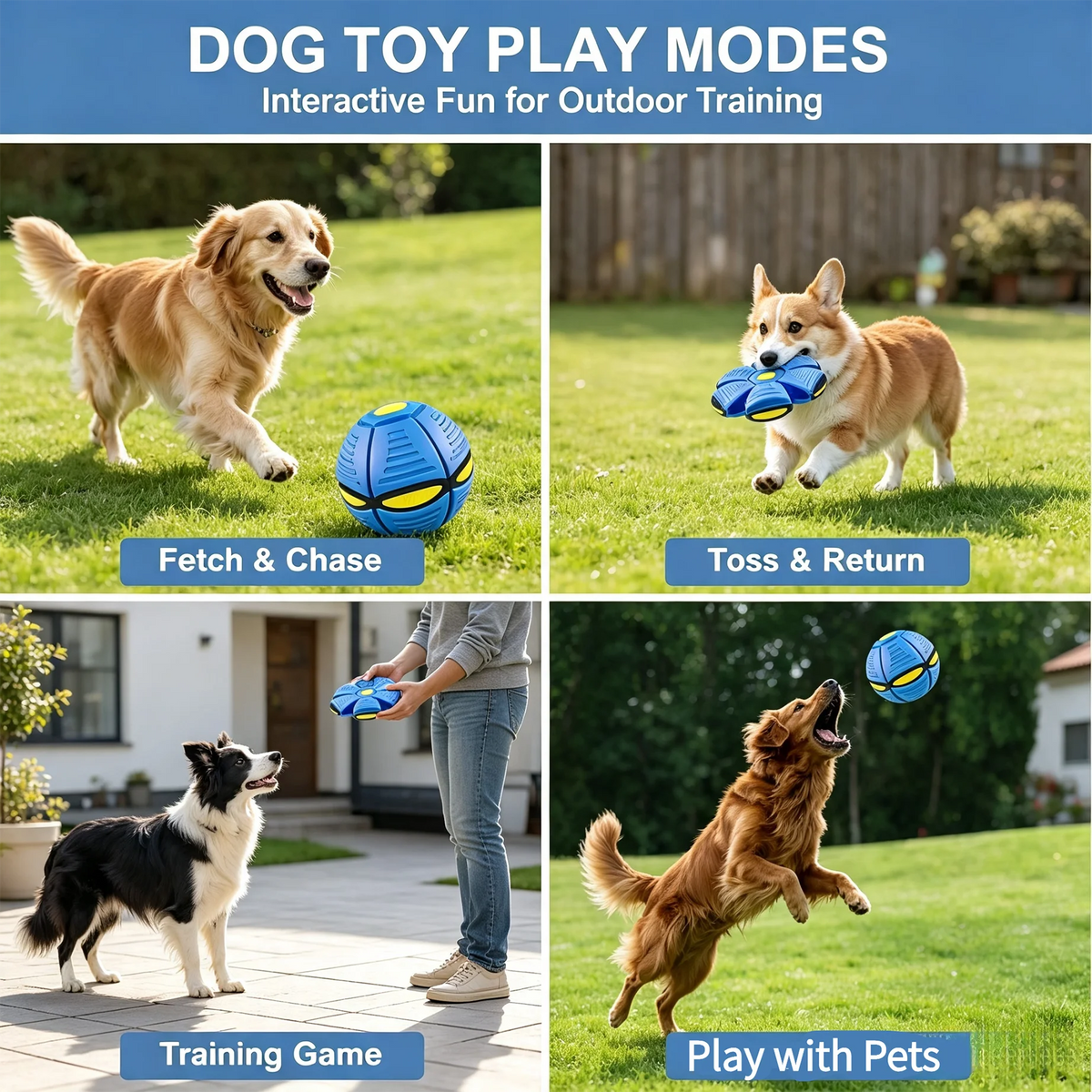 Six-light dual-mode magical transforming pet bouncy ball, UFO-shaped ball, durable dog interactive training and play toy, blue and red.